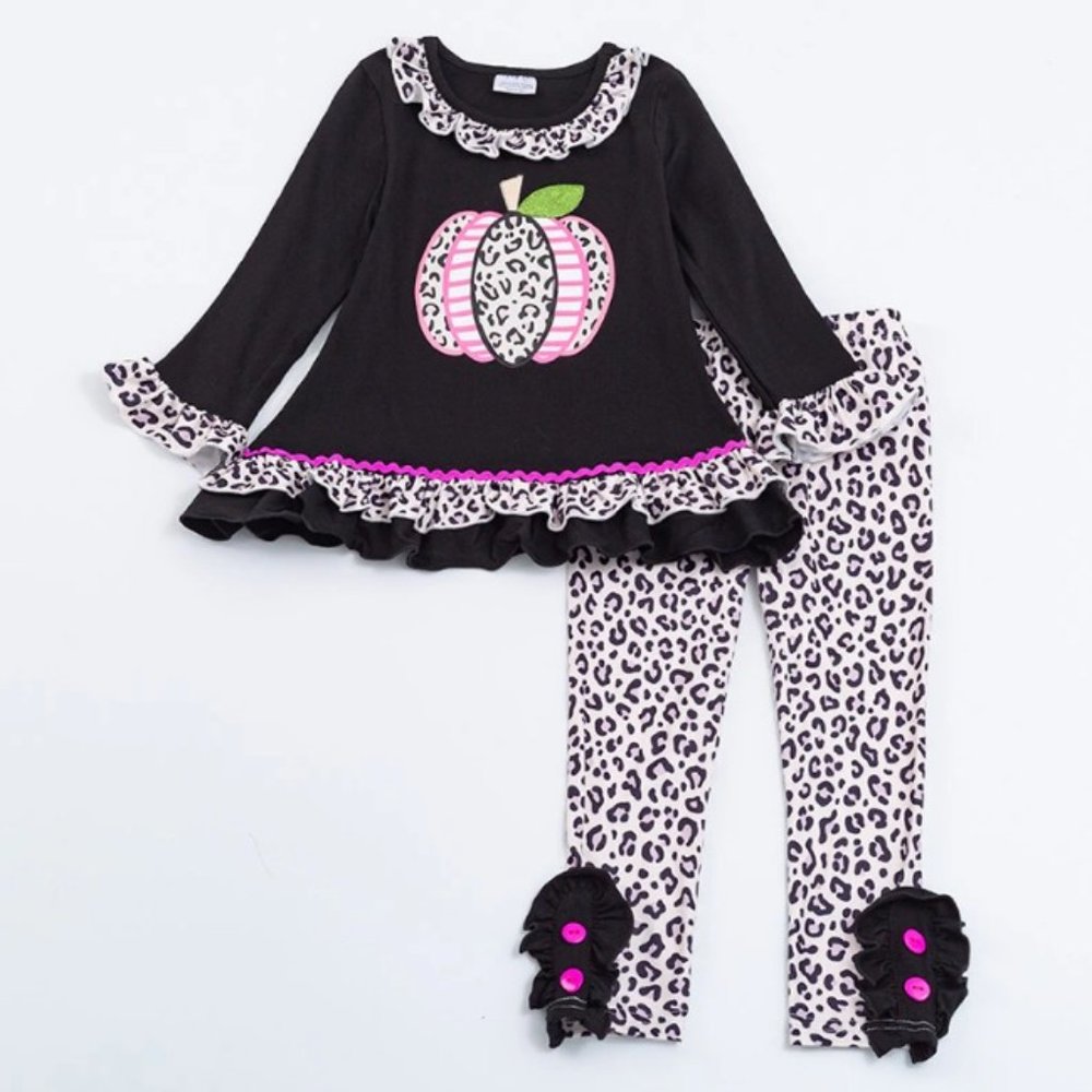 Boutique Pumpkin Ruffle Tunic & Leopard Leggings Girls Outfit Set